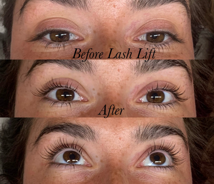 Before and after lash lift showing the transformation from straight to lifted lashes