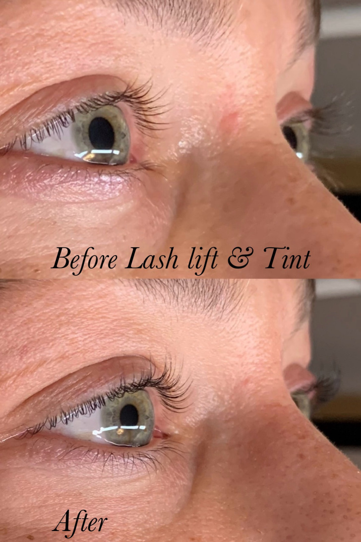 Before and after lash lift and tint showing natural lashes compared to curled and tinted results